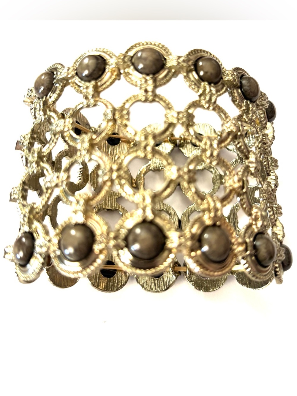 Vintage Gold Filigree Cuff Bracelet with Gray Cabochons